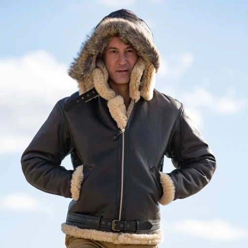 B3 Brown Hooded Faux Shearling Jacket