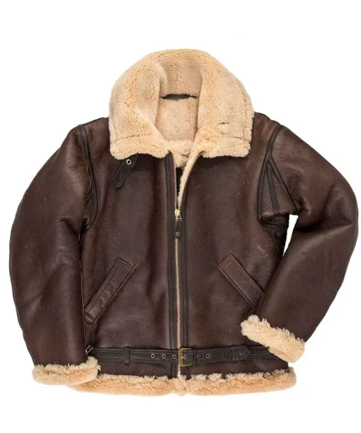 Brown Sheepskin Faux Shearling Bomber Leather Jacket