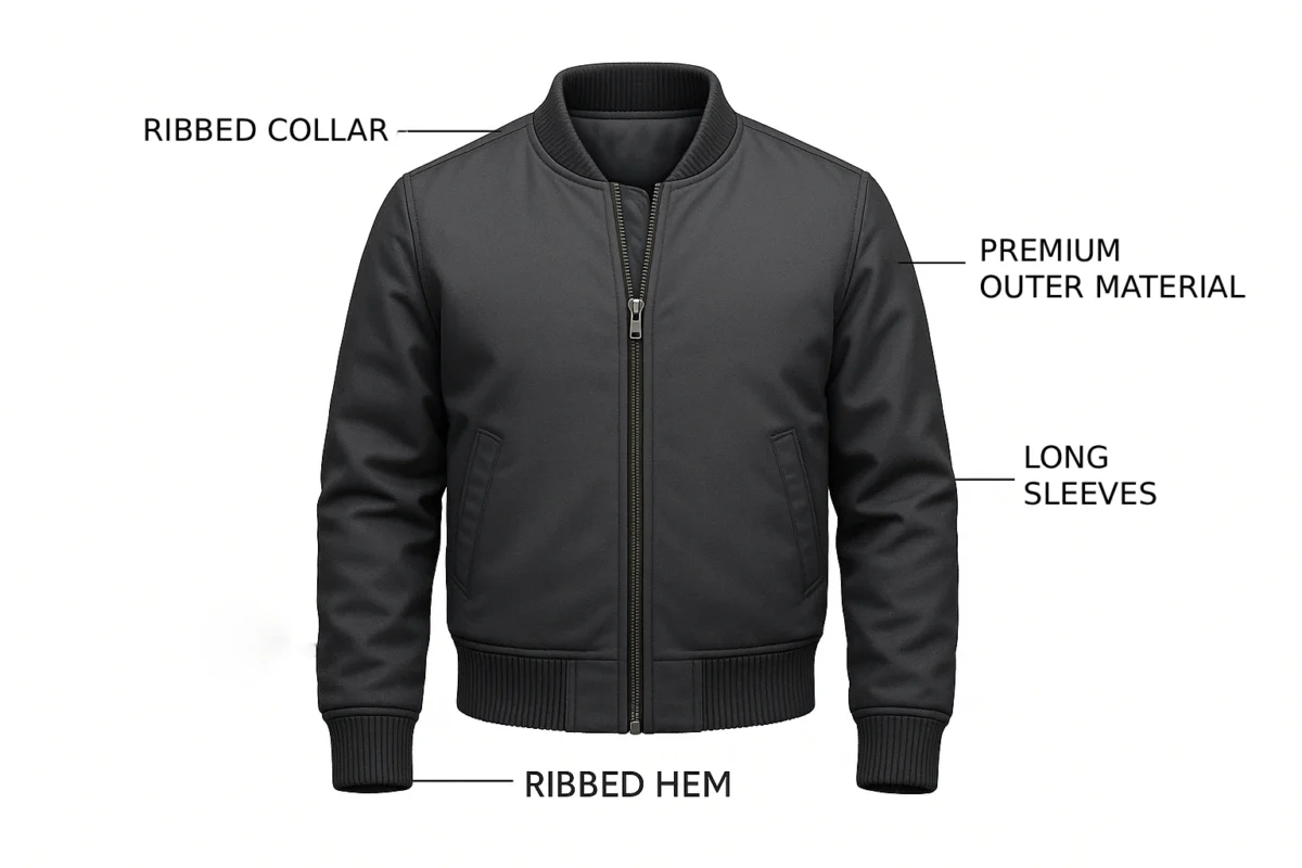 Black bomber jacket with ribbed collar, ribbed hem, long sleeves, and superior outer material labelled.