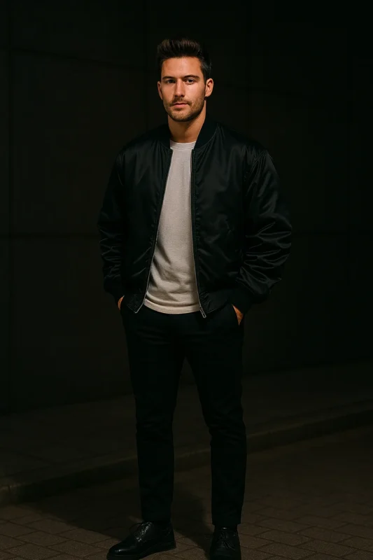 Man wearing a black bomber jacket at night with hands in pockets.
