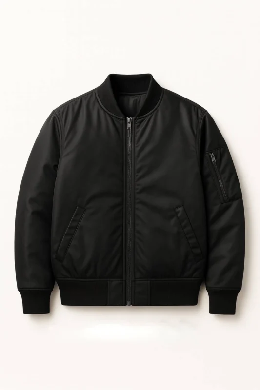 Black parachute bomber jacket with basic design and ribbed detailing.