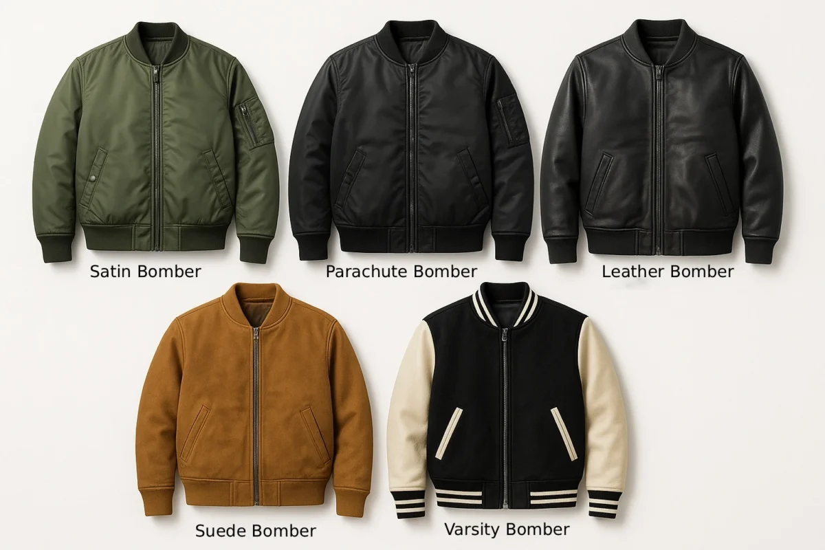 Five bomber jacket variants including satin, parachute, leather, suede and varsity placed on a grid.