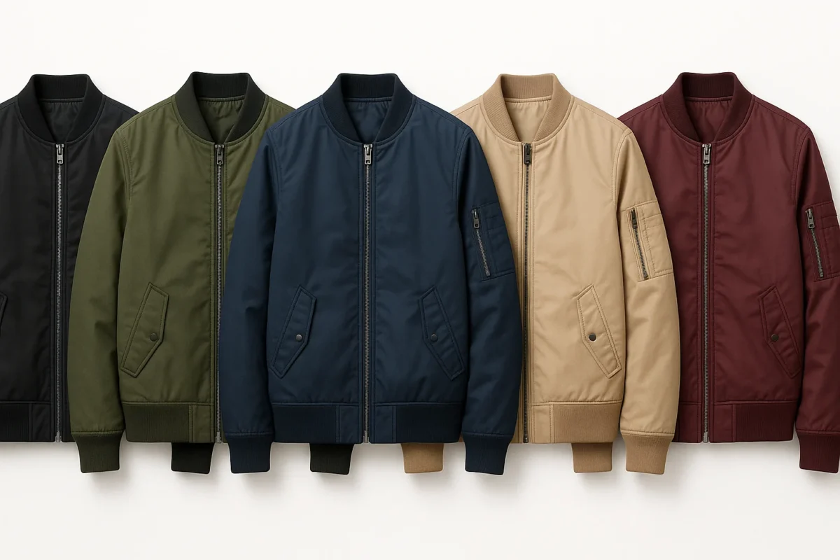 Black, olive, blue, beige and maroon bomber jackets in a row.