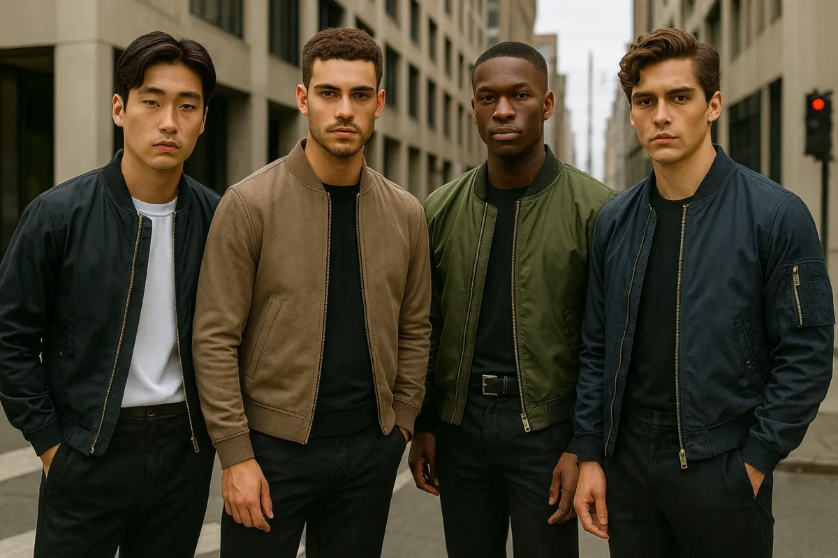 On a city street stand four men dressed in bomber jackets in shades of navy, beige, olive, and blue.