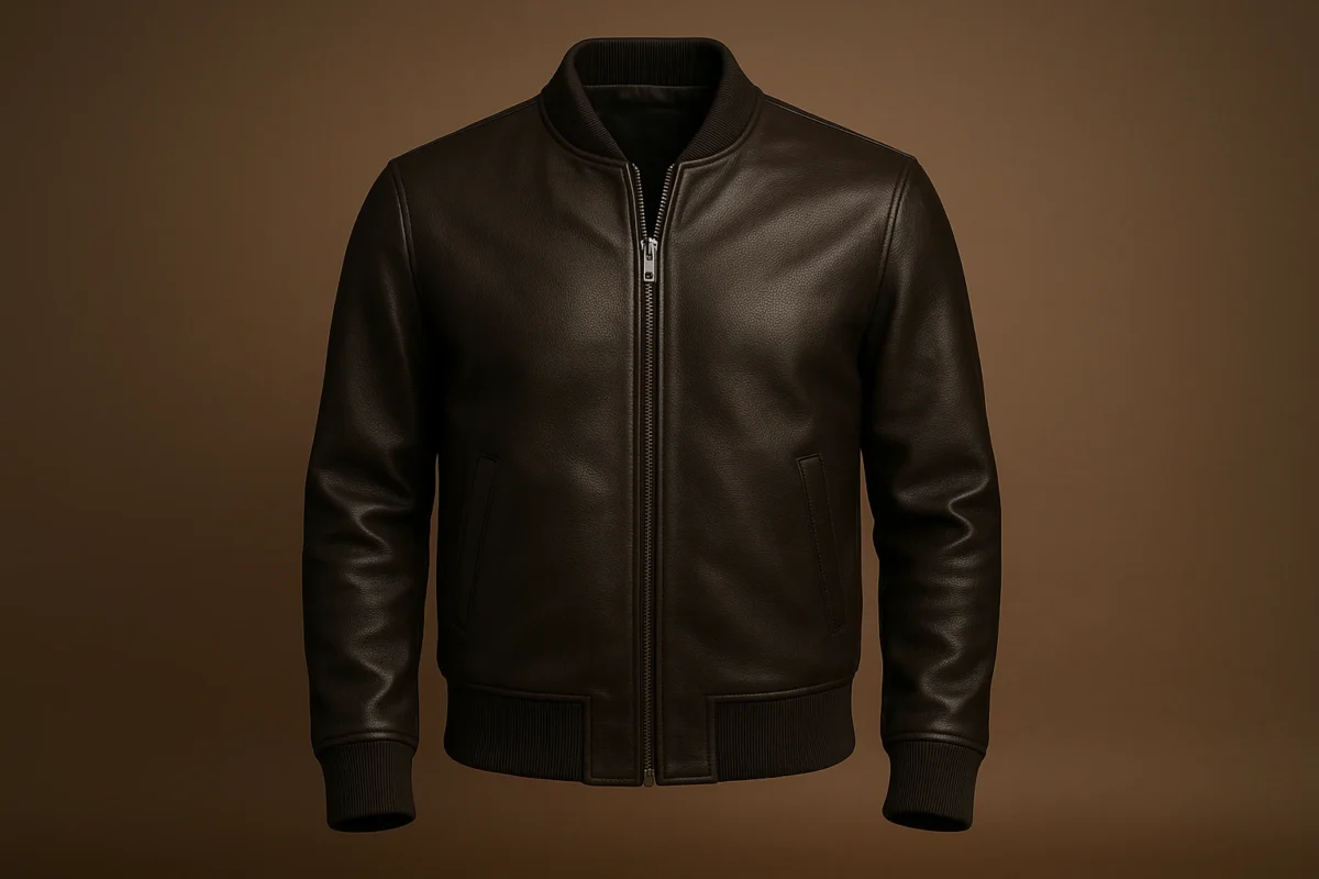 Dark brown leather bomber jacket with ribbed collar and cuffs.