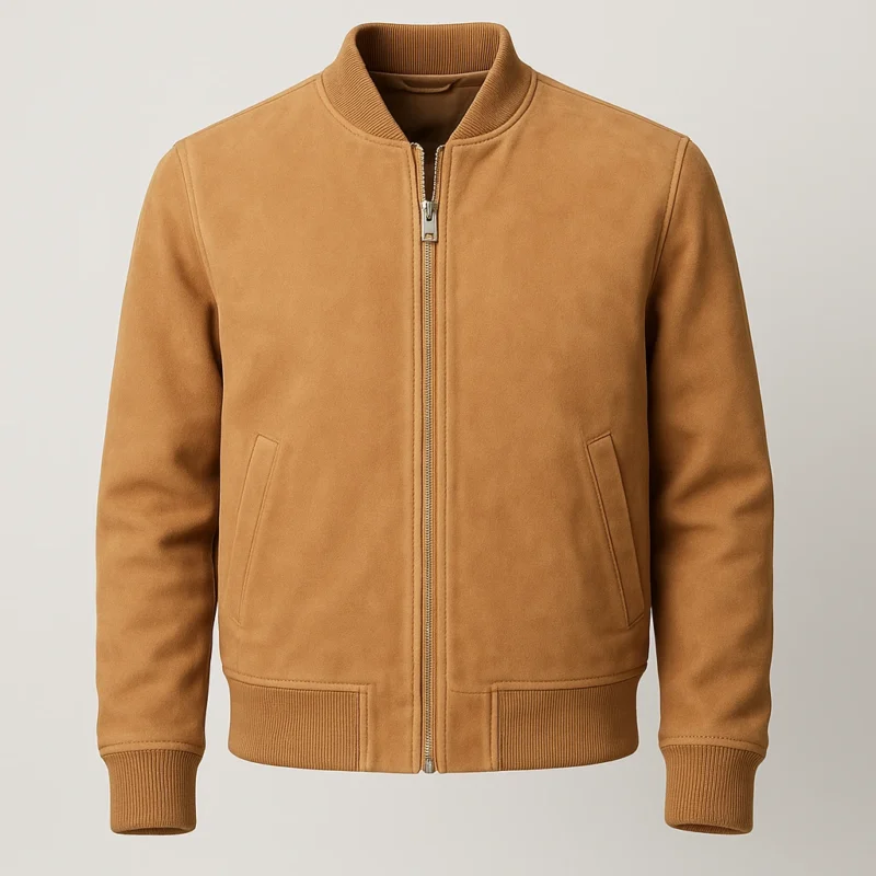 This camel suede bomber jacket has a front zipper closure and a ribbed hem.