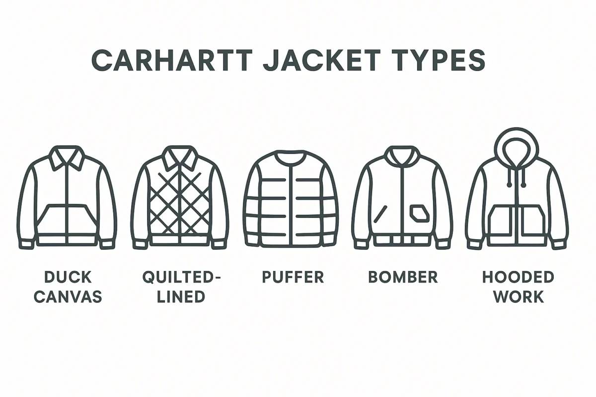 Duck canvas, quilted-lined, puffer, bomber, and hooded work styles are among the common Carhartt jacket varieties seen in this infographic.
