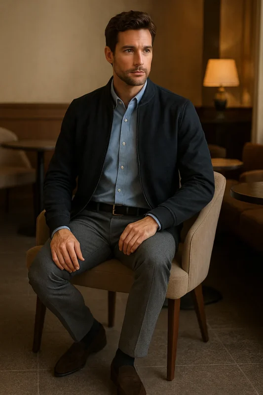 Sitting inside is a man with a blue shirt and a navy bomber jacket.
