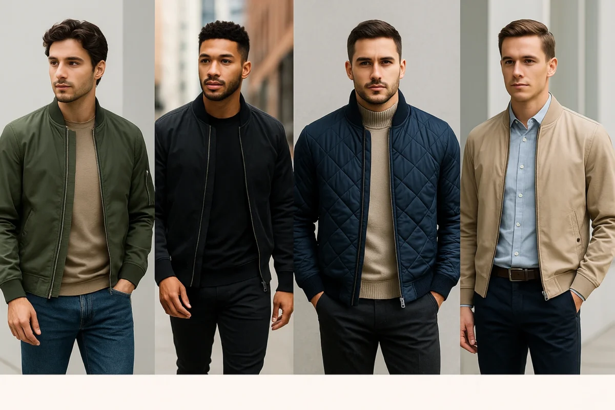 Four men sporting olive, black, blue quilted, and beige bomber jackets in different combinations.