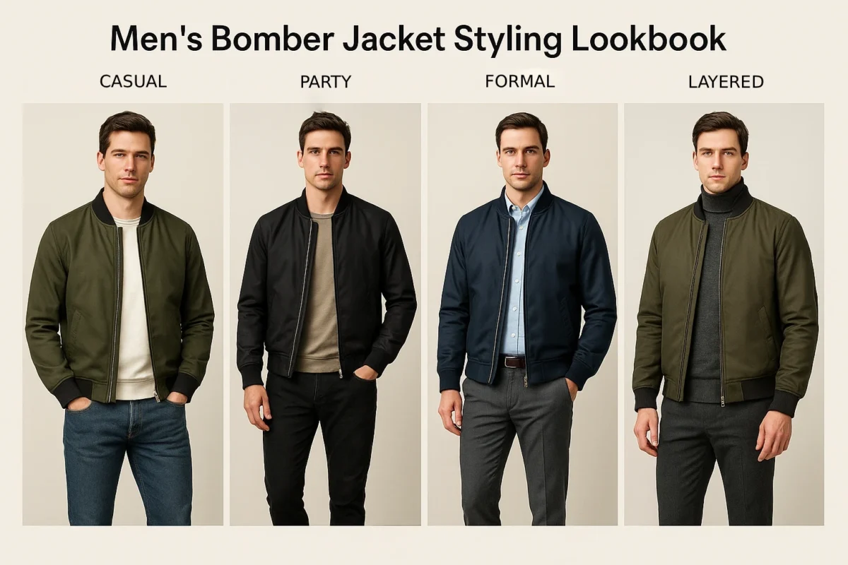 Four men wearing bomber jackets styled in casual, party, formal and layered ensembles.