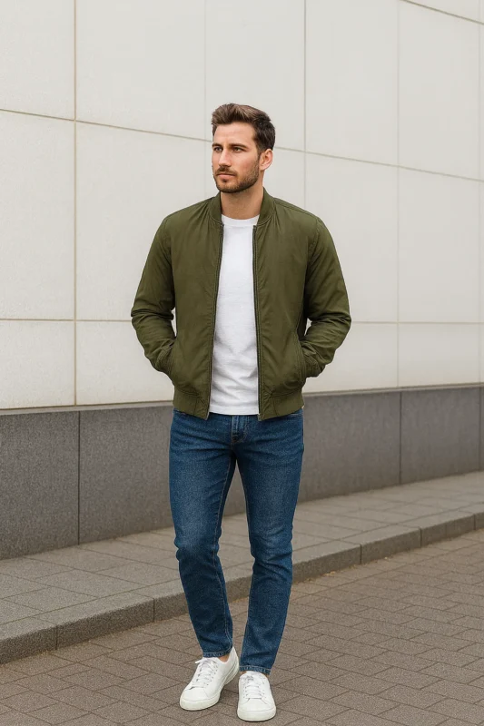 Man in olive bomber jacket, white T-shirt and blue pants wandering outside.