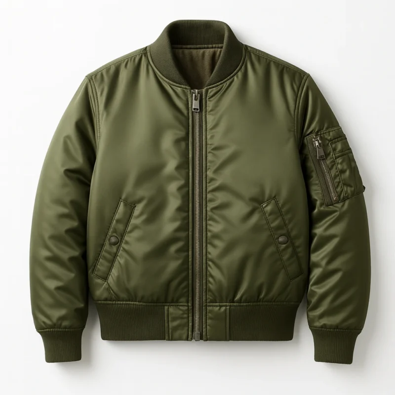 Satin bomber jacket in olive green with ribbed hem, cuffs and collar.
