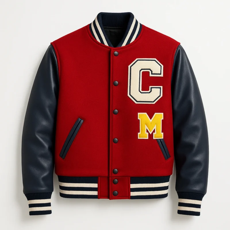Navy leather sleeves and embroidered patches adorn this red varsity bomber jacket.