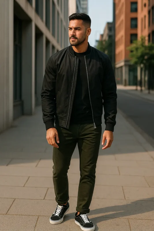 Wearing a black bomber jacket, black T-shirt, olive slim-fit trousers and black trainers, the male model walks boldly in the natural sunlight while sporting a minimalist modern streetwear look on a spotless metropolitan street.