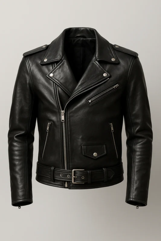 Classic biker leather jacket accompanying uneven fastening and organized shoulders
