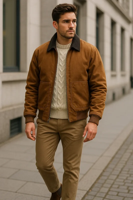 A white T-shirt, pants, and a canvas jacket in the Carhartt style make up this simple ensemble.