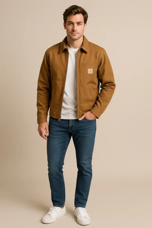 Chinos and a cable-knit sweater are put over a bomber jacket in the Carhartt style in a tidy urban environment.