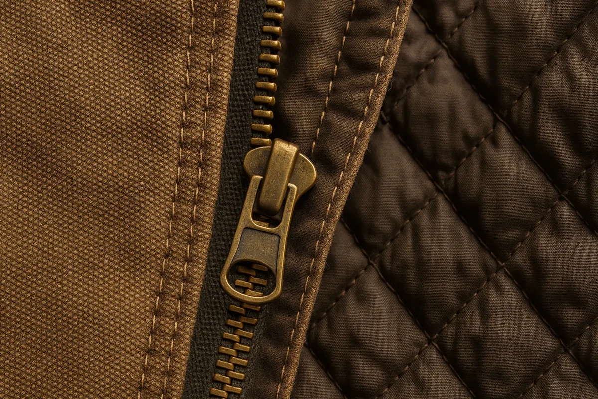 Close up macro photo displaying the heavy duty metal zipper, quilted insulating lining and duck canvas stitching.