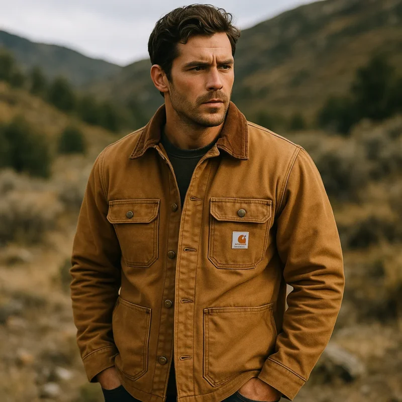 The man is dressed in a sturdy Carhartt style duck canvas work jacket with front pockets and a corduroy collar.
