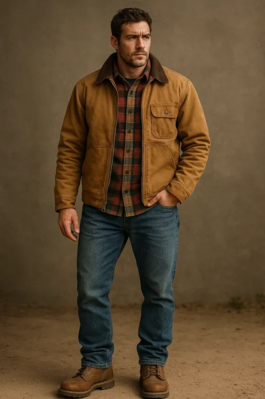 Workwear ensemble that includes pants, tough boots, a flannel shirt, and a duck jacket in the Carhartt style.