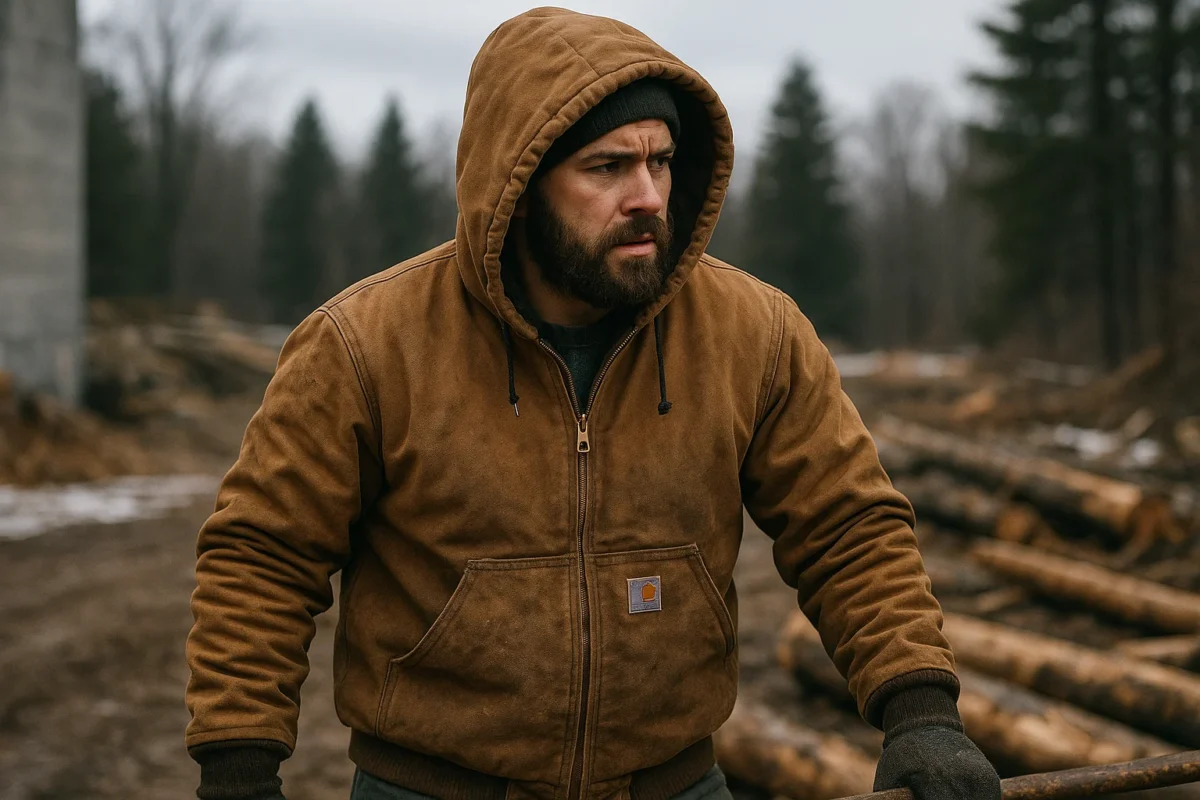 A man in a chilly wooded setting wearing a tough Carhartt-style hooded work jacket.