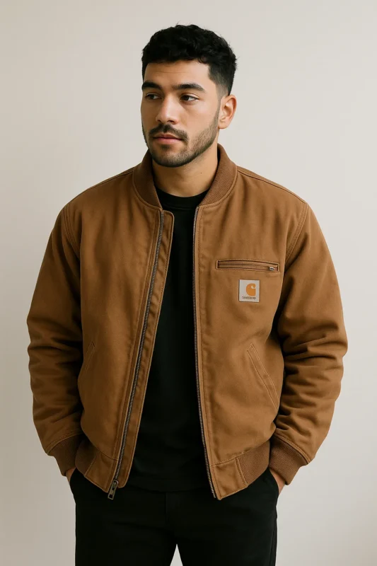 A man with a brown bomber jacket with ribbed cuffs, reminiscent of Carhartt, is shown in this studio portrait.