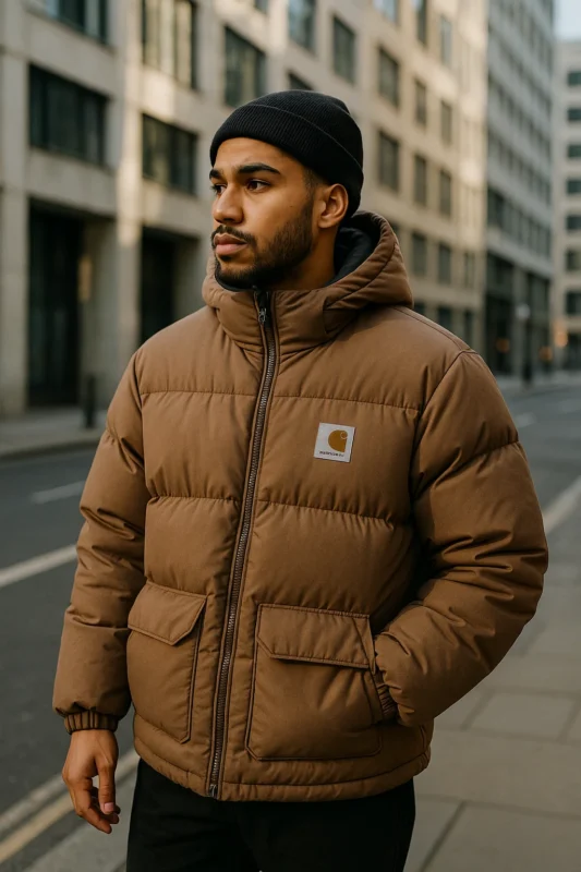 An urban portrait of a man in an insulated puffer jacket in the Carhartt style.