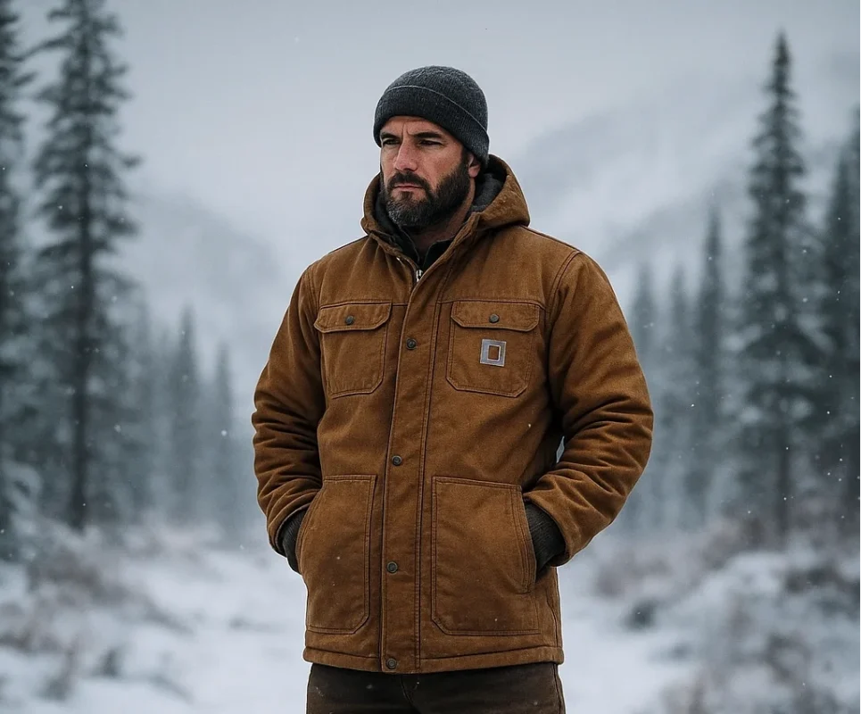 A man in a snowy wilderness, dressed in an insulated Carhartt-style winter jacket.