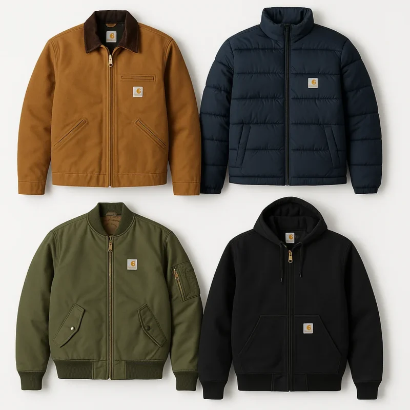 Four Carharttstyle jacket styles duck canvas, puffer, bomber and hooded work jacket are displayed in the collection.