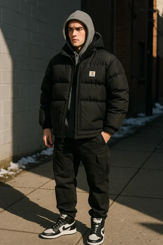 A man dressed in winter streetwear, sporting cargo trousers and an insulated puffer jacket in the Carhartt style.