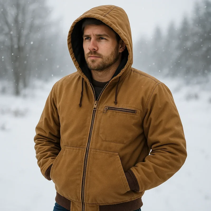 In a snowy scene, the model is dressed in a Carhartt style winter jacket with a quilted lining.