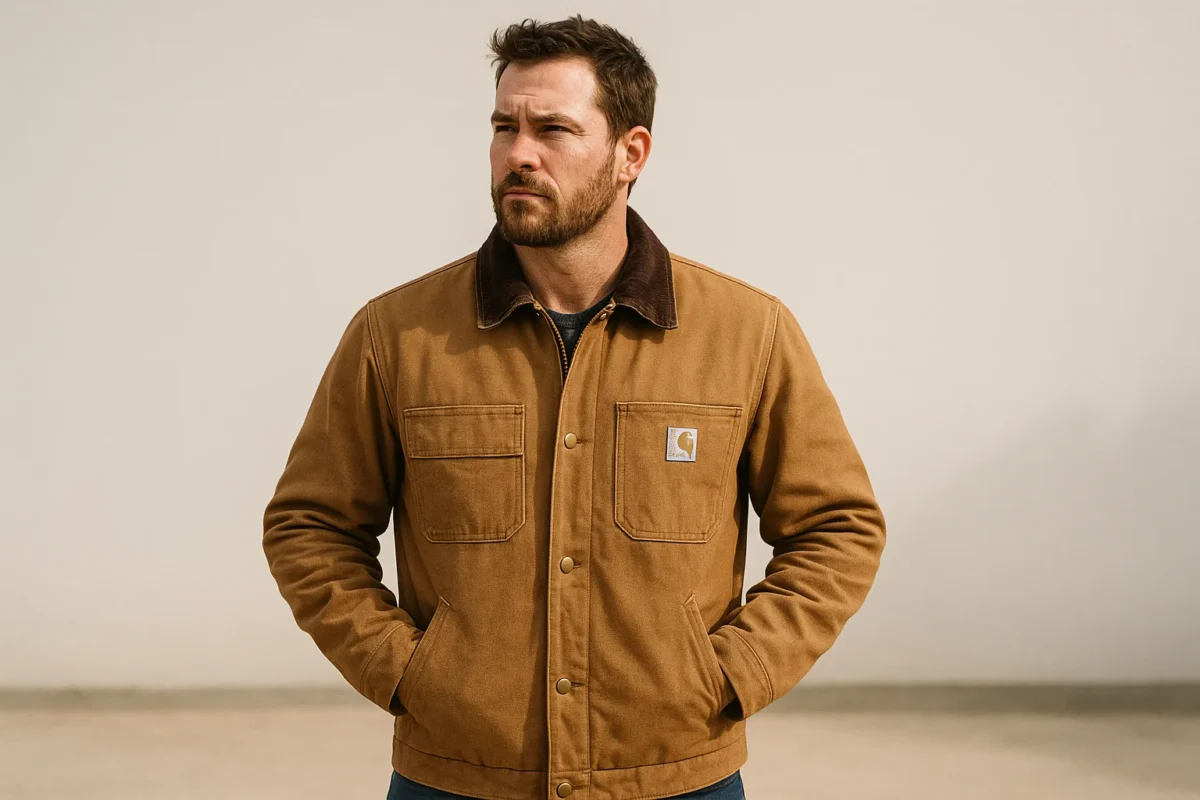rugged outdoor photo of a man standing confidently in a traditional Carhartt style work jacket.