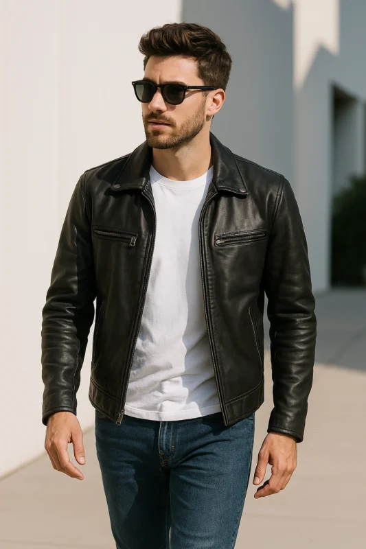Nonchalant leather jacket outfit accompanying dungarees, cleats and silvery Shirt for woman