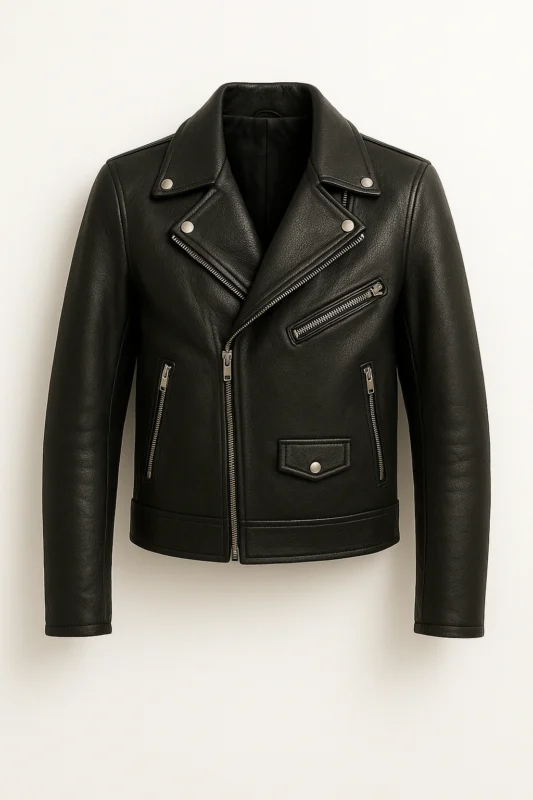 Picture feeling of a inky leather jacket accompanying fastening and premium piece