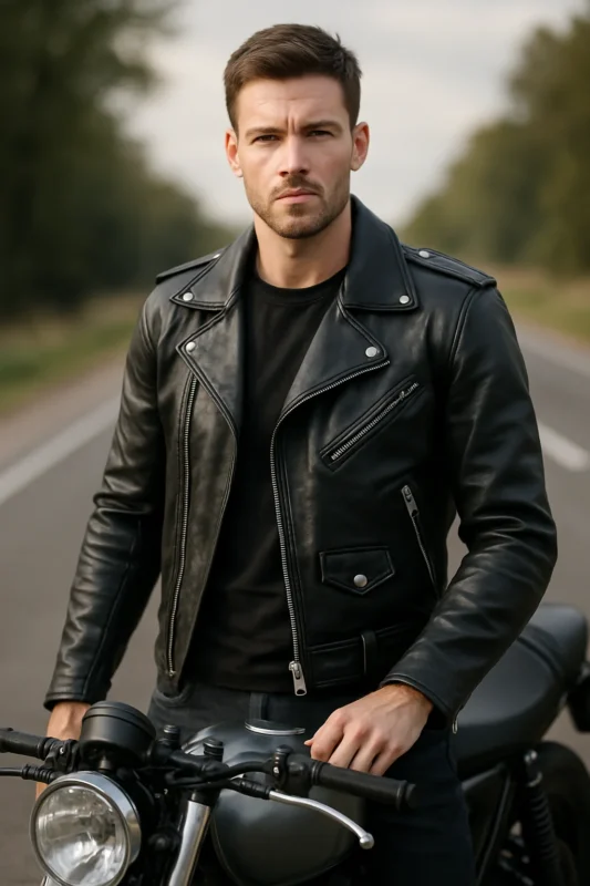 Classic leather motorbike jacket used by a commuter