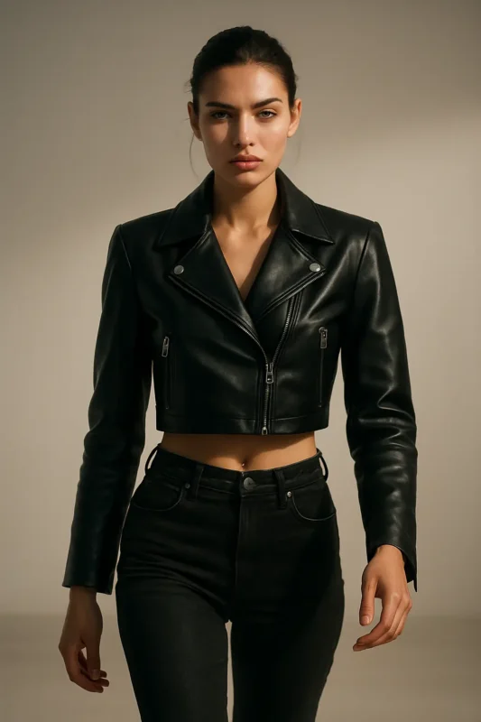 Modern cropped leather jacket fashion style for assured naming