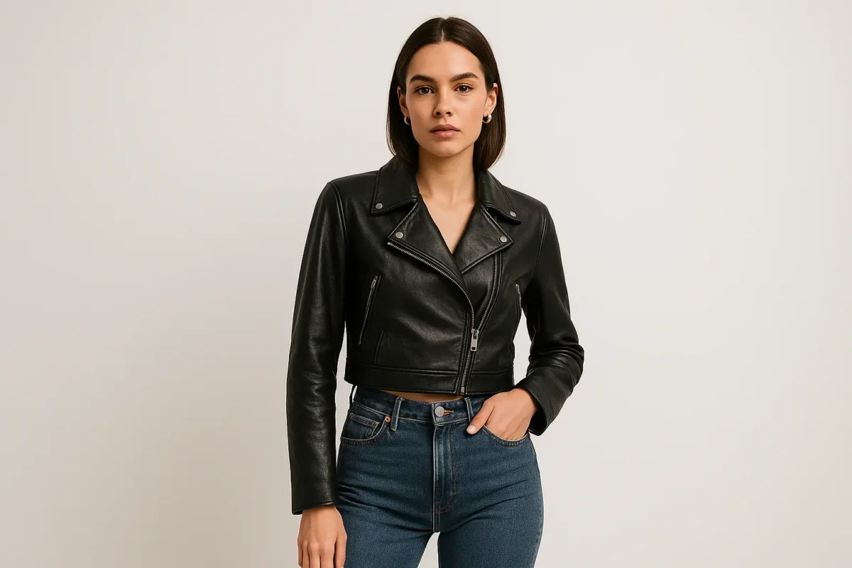 Cropped leather jacket styled accompanying extreme-waisted dungarees for new fashion