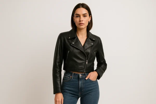 Cropped leather jacket styled accompanying extreme-waisted dungarees for new fashion