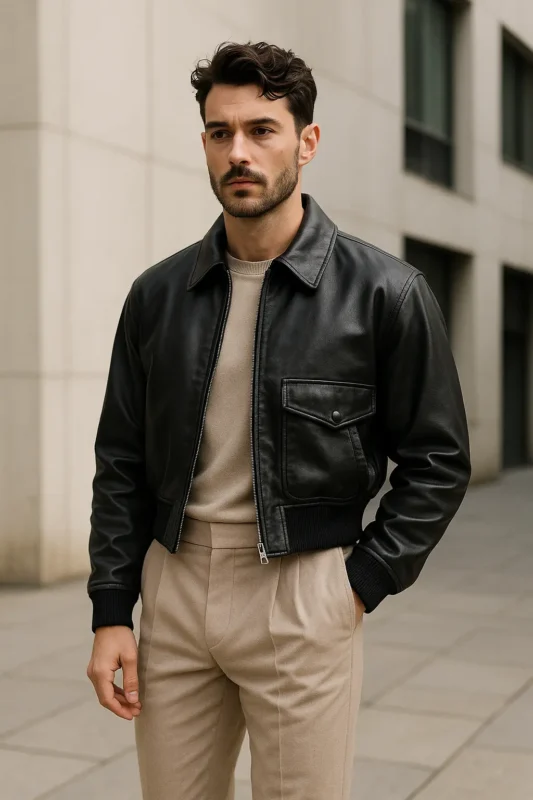 Men’s cropped leather jacket styled in a new bombing airplane look