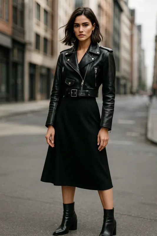 Women tiring a cropped leather biker jacket in lane style fashion