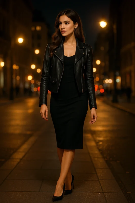 Decline leather jacket outfit in a pair accompanying a slenderize-fit dress and heels