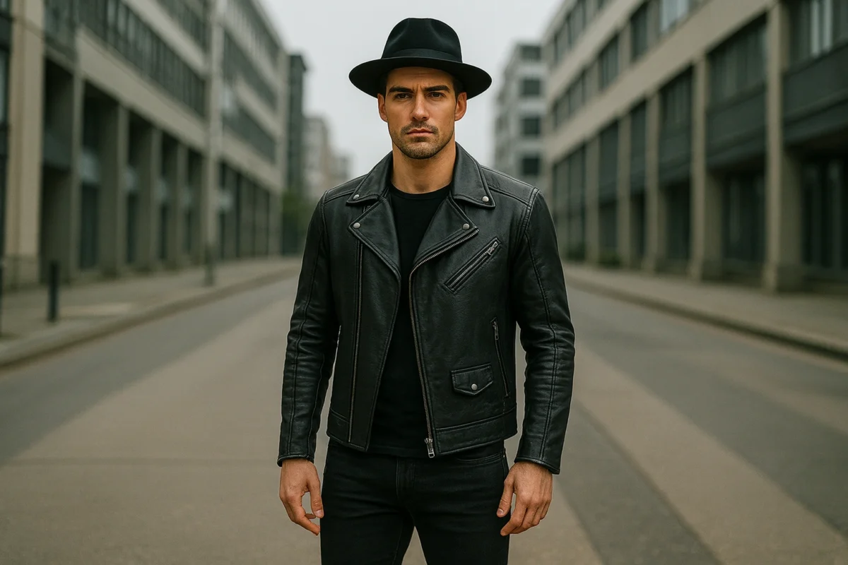 Fashionable guy tiring a up-to-date leather biker jacket in an city behavior setting