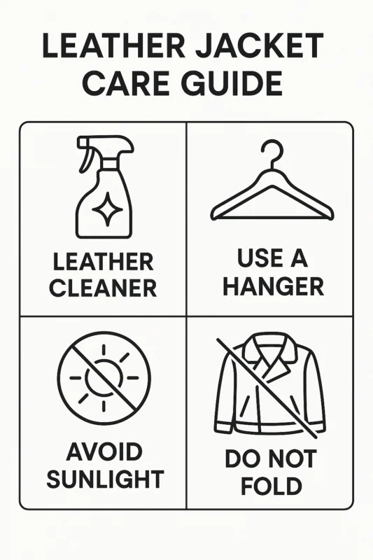 leather jacket care infographic accompanying cleansing, depository, and guardianship tips