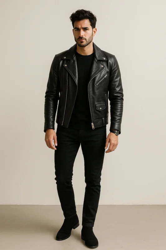 Filled crowd fashion site exact likeness a fashionable son tiring a leather jacket in a clean littlest training