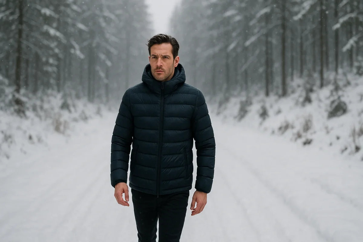 Winter outdoor fashion photo of a man wearing a puffer jacket in a snowy setting.