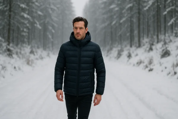 Winter outdoor fashion photo of a man wearing a puffer jacket in a snowy setting.