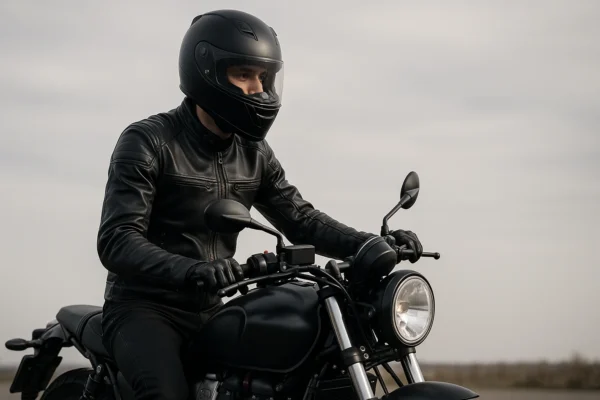Stylish equestrian tiring a leather motorbike jacket on a motorized bicycle