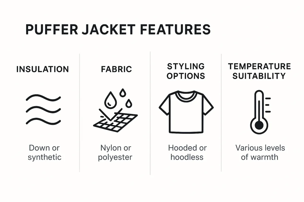 An infographic about puffer jackets that includes information on winter usage, styling possibilities, and insulation qualities.