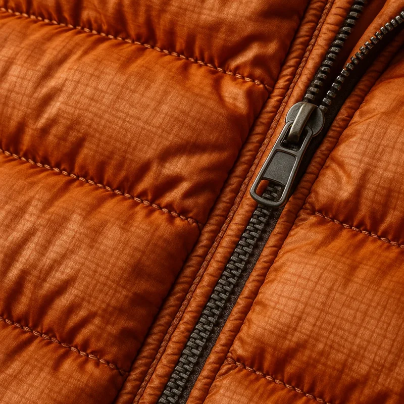 Close-up macro stitching of a puffer jacket with a zipper detail and quilted insulating texture.