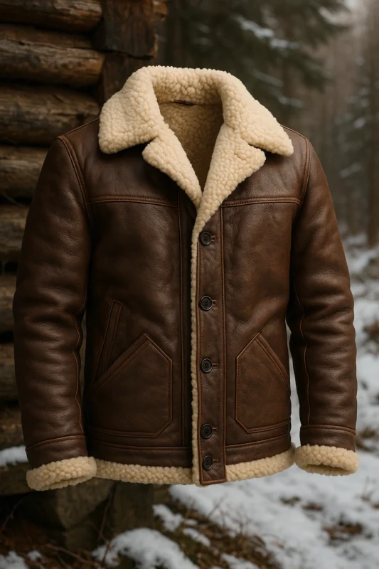 Shearling leather jacket accompanying dense fabric interlining for cold affection